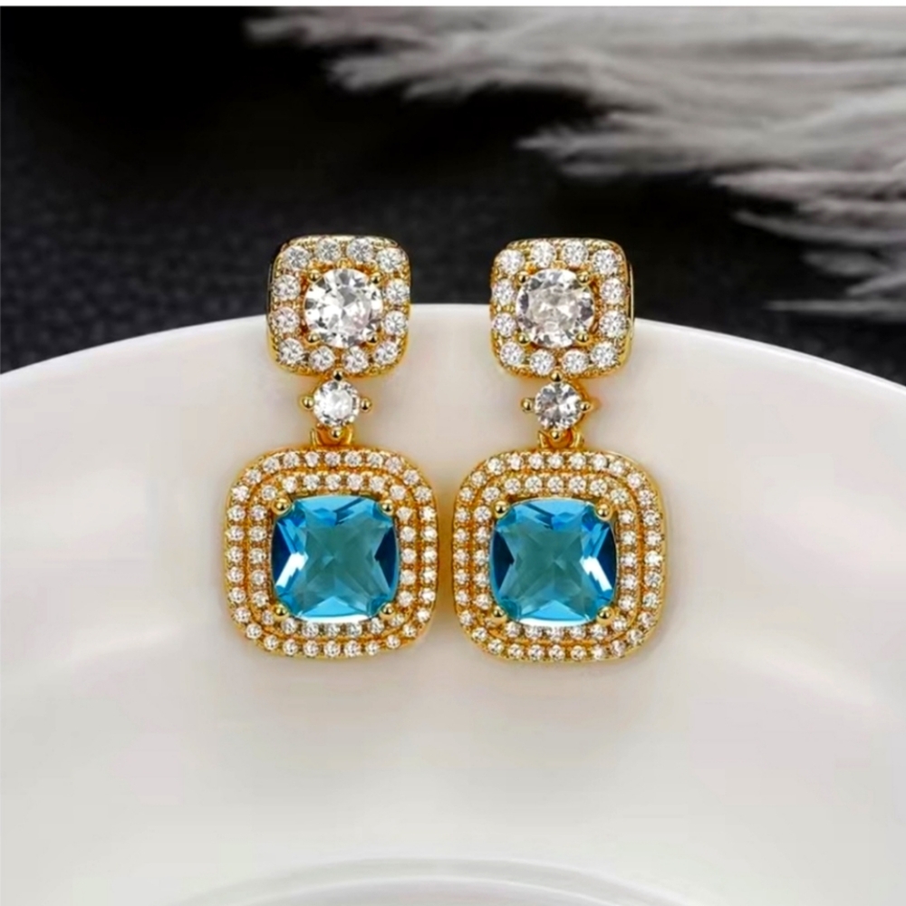 18K Gold Plated Square Blue Crystal Drop Earrings